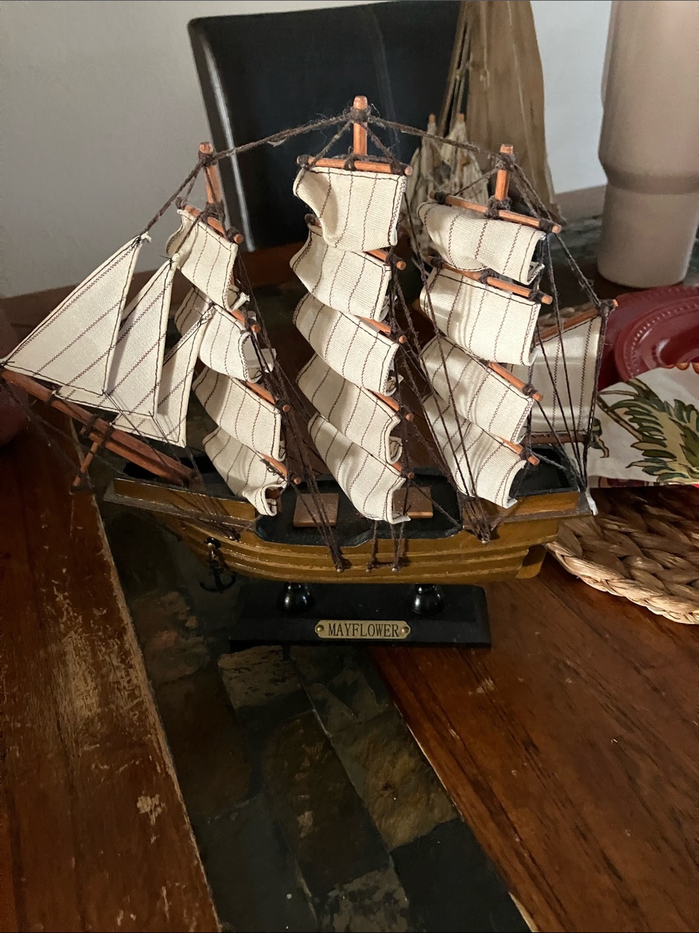 Decorative Wooden Ship Model in Cream and Brown